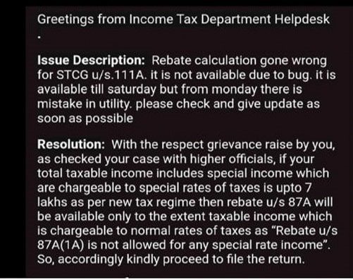 Faulty ITR Filing Utility not allowing legitimate section 87A rebate